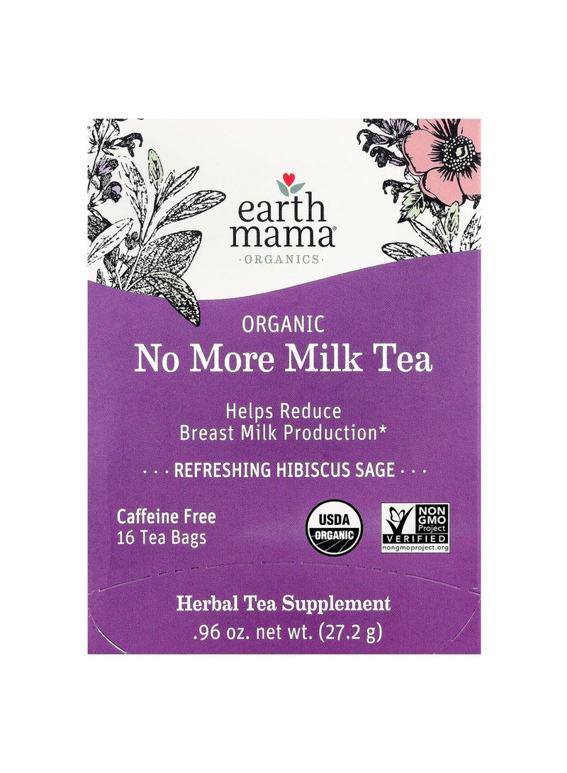 Organics, Organic No More Milk Tea, Refreshing Hibiscus Sage, Caffeine Free, 16 Tea Bags, 0.96 oz (27.2 g)